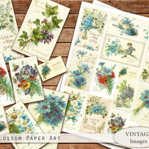 Printable Ephemera, Blaue Postkarten, Vintage Floral Karten, Digital Download Collage Sheet für Junk Journal 2362