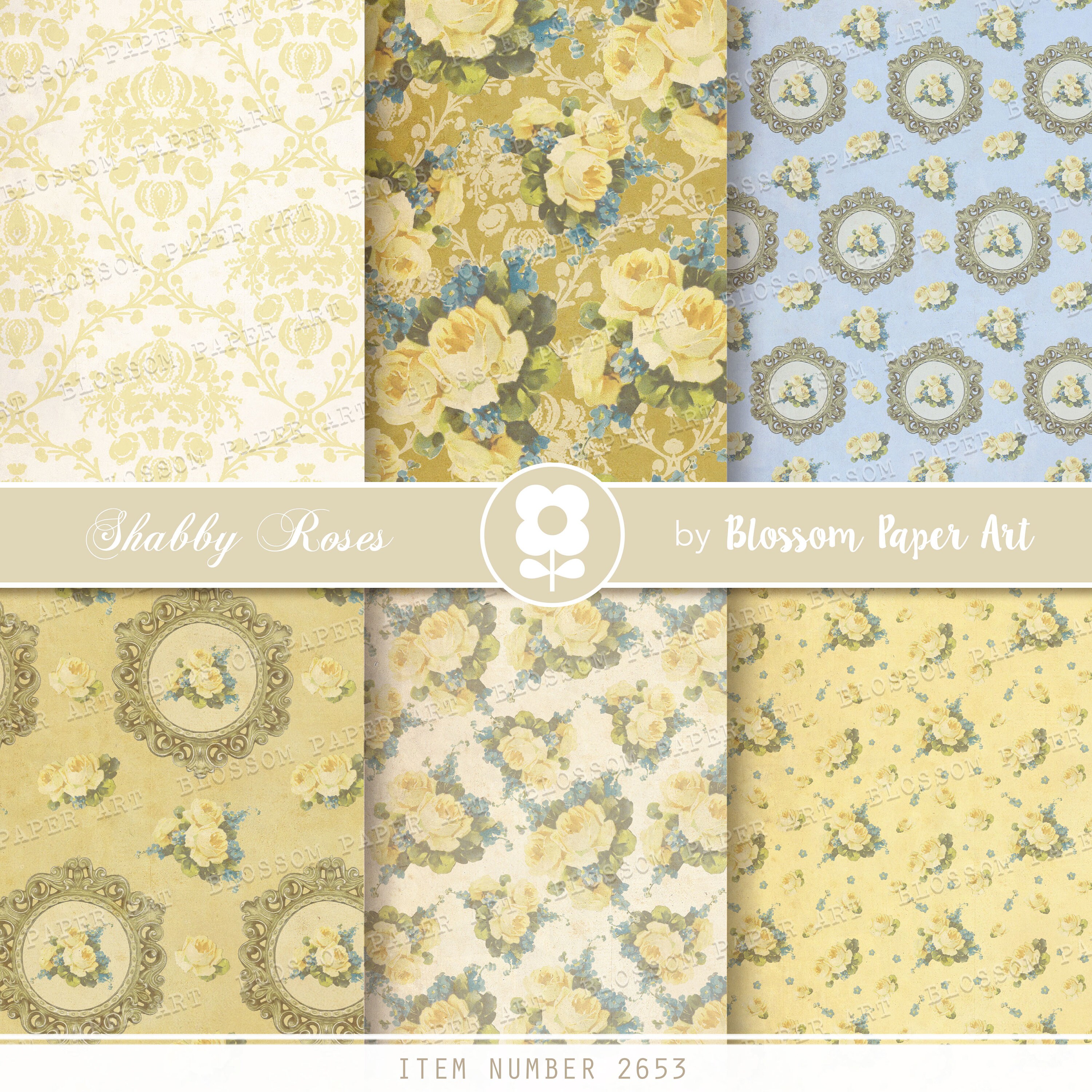 Yellow and Black Floral Paper Digital Scrapbook Paper Shabby