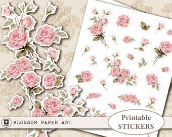 Adesivos imprimíveis de rosas chiques e surradas: folha de colagem floral (download digital)