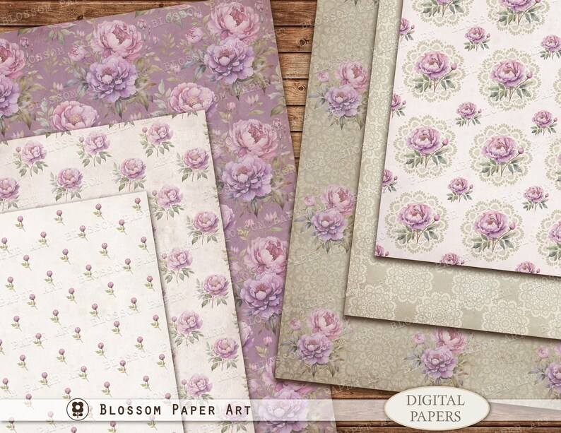 Vintage Purple Floral Digital Paper Pack: Shabby Chic Scrapbook ...