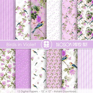 May include: Twelve digital papers featuring a floral pattern with birds in shades of purple, blue, and yellow. The papers are 12 inches by 12 inches and are available for instant download. The text "Birds in Violet" and "Blossom Paper Art" is included in the image.