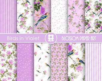 Violet Digital Paper, Violet Digital Paper Pack, Birds Scrapbooking, Floral Digital Paper  - INSTANT DOWNLOAD  - 1940
