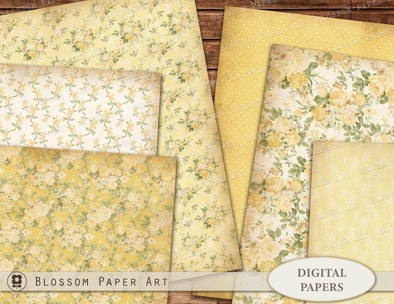 Pu&ograve; includere: Un set di 6 carte digitali con motivi floreali gialli in stile vintage. Le carte sono perfette per lo scrapbooking, la creazione di biglietti e altri progetti di artigianato. Le carte sono disponibili per il download immediato.