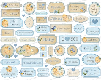 Vintage babylabels: afdrukbaar kortstondig collagevel (digitale download)