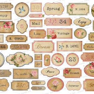 Vintage Printable Labels, Junk Journal Tags, Numbers, Vintage Roses, Ephemera Printable Collage Sheet Digital Collage Sheet 2672