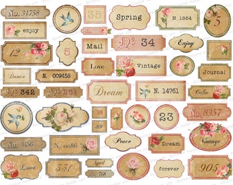 Etichette stampabili con rose vintage: materiale effimero per diario spazzatura (foglio di collage digitale)