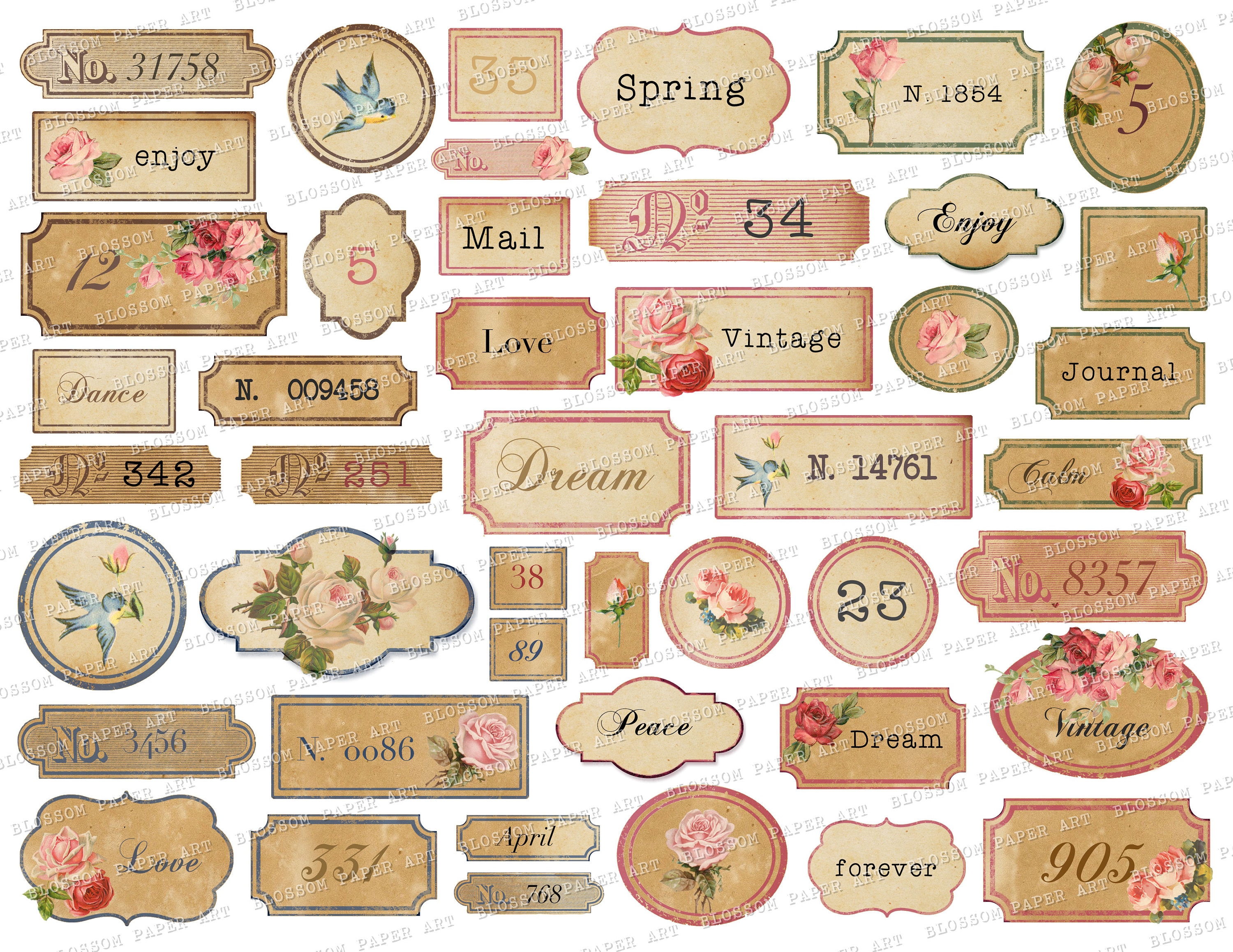 Vintage Printable Labels, Junk Journal Tags, Numbers, Vintage Roses,  Ephemera Printable Collage Sheet Digital Collage Sheet 2672 