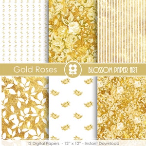 Gold Digital Paper Gold Digital Paper Roses Scrapbook Paper Pack ...