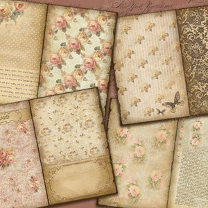 May include: A set of vintage-style scrapbook paper featuring floral patterns, lace, and butterflies. The papers are in shades of brown, cream, and pink. The papers are perfect for scrapbooking, card making, and other paper crafts.
