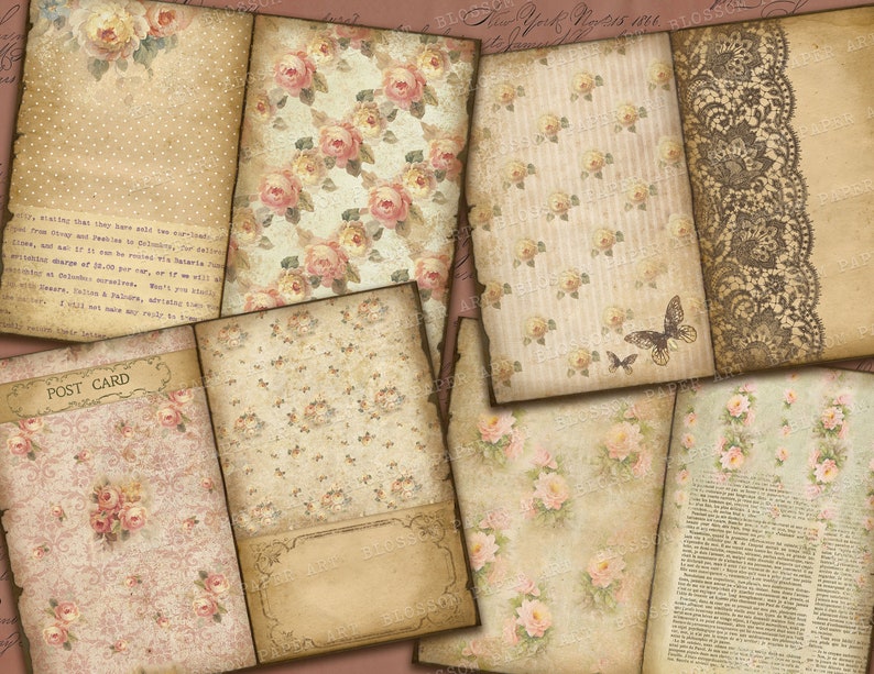 May include: A set of vintage-style scrapbook paper featuring floral patterns, lace, and butterflies. The papers are in shades of brown, cream, and pink. The papers are perfect for scrapbooking, card making, and other paper crafts.