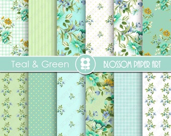 Floral Digital Paper, Aqua Teal Digital Paper Pack, Floral Digital Paper, Green Turquoise Scrapbooking, Roses - INSTANT DOWNLOAD  - 1945