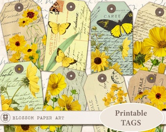 Afdrukbare cadeaukaartjes met bloemen: vintage bloemencollage (digitale download)