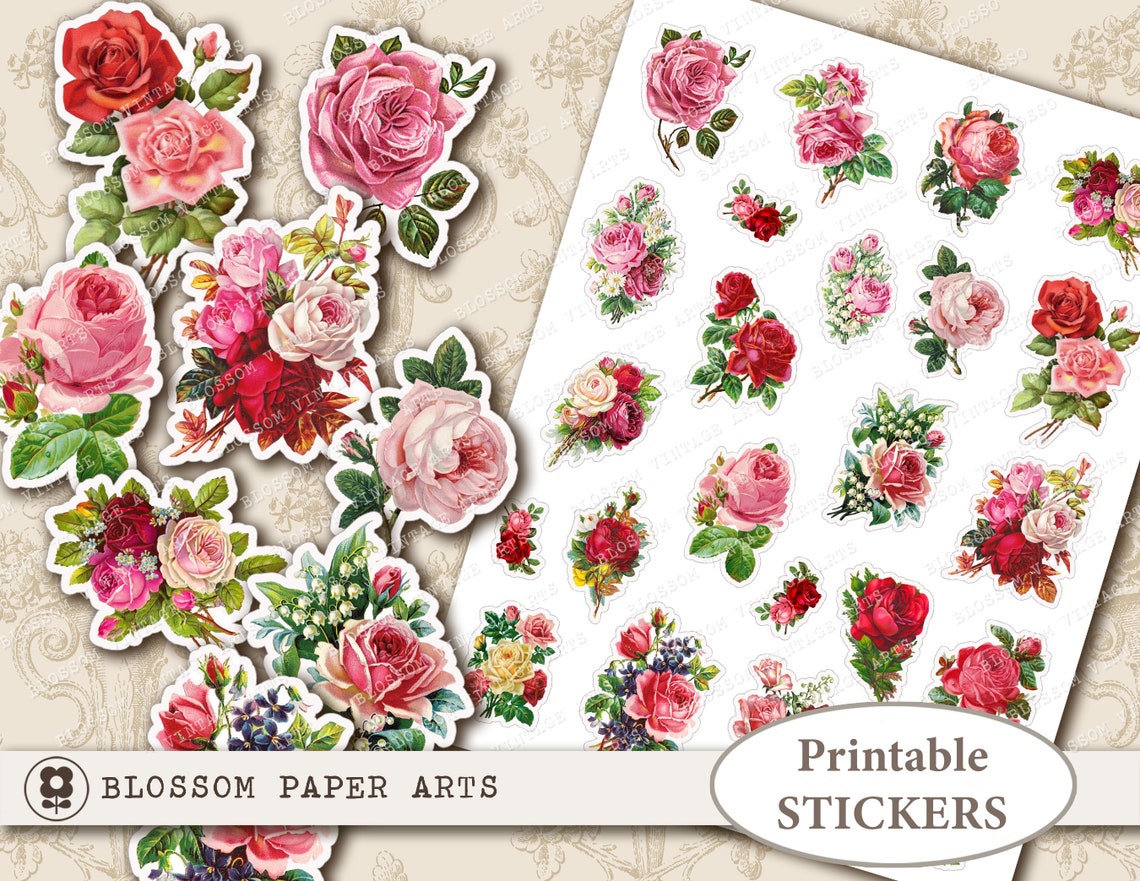 Printable Stickers Vintage ROSES Stickers Digital Collage - Etsy