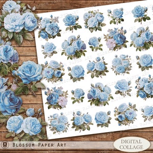 Blue Flowers Collage Sheet, Printable Roses for Junk Journal, Digital Download Flowers, Die Cut Floral Images, Flowers for print 2978