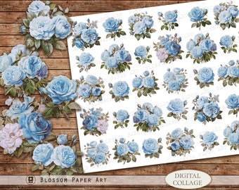 Blue Roses Collage Sheet: Printable Floral Images (Digital Download)
