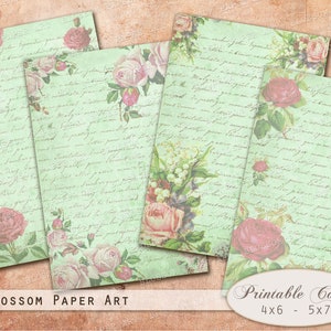Cartões de registro no diário, papéis florais vintage, folha de colagem de rosas para impressão, folhas de colagem para impressão, download instantâneo digital 2714