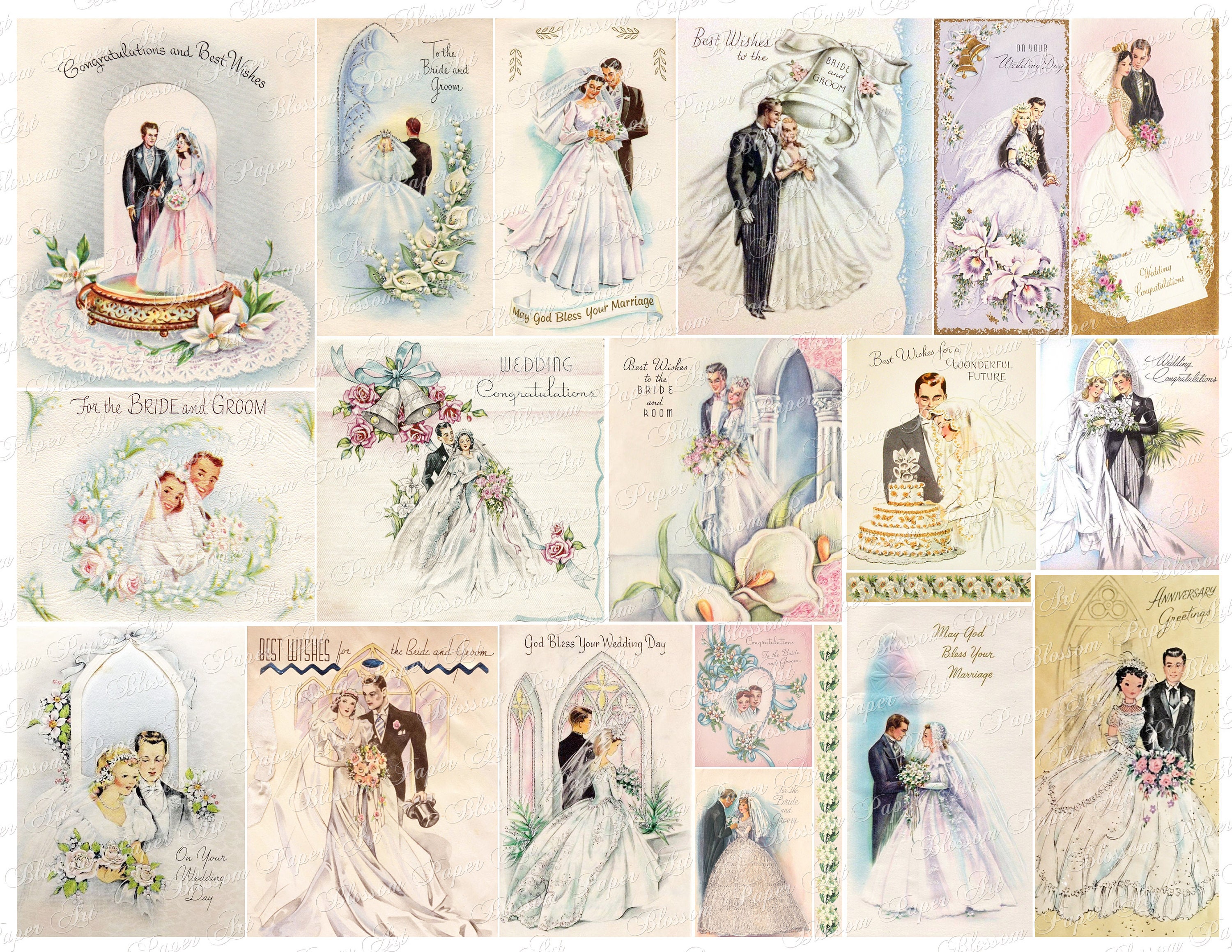 Efemere vintage trouwkaarten: afdrukbare bruidscollage (digitale download)