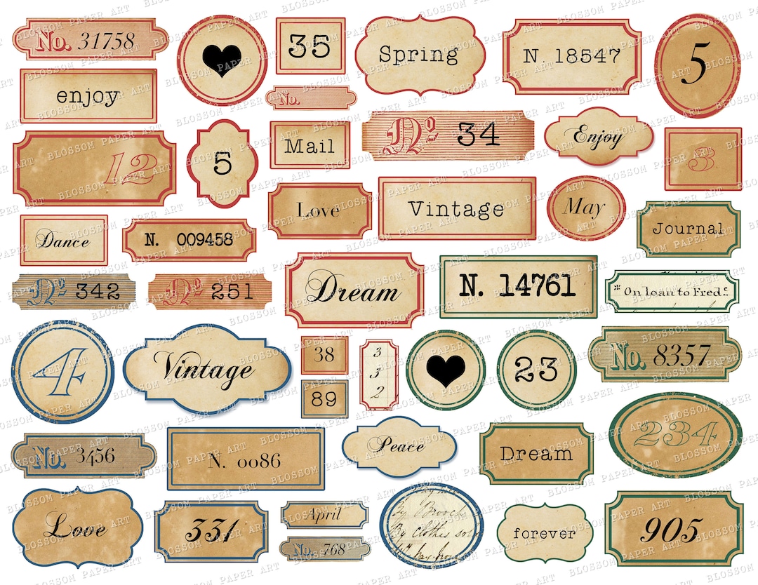 Junk Journal Ephemera Vintage Labels, Printable Collage Sheet