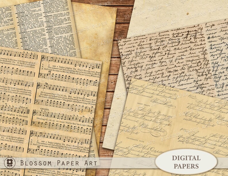 May include: A digital paper pack with six different vintage papers. The papers feature a variety of textures and patterns, including old book pages, sheet music, and handwritten notes. The papers are perfect for scrapbooking, card making, and other paper crafts.
