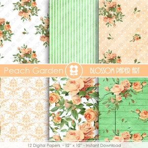 Puede incluir: Doce papeles digitales con rosas de color melocot&oacute;n sobre diferentes fondos, incluyendo blanco con un patr&oacute;n de damasco, rayas verdes y un fondo blanco con veta de madera verde. Los papeles miden 30,5 cm por 30,5 cm y est&aacute;n disponibles para descarga instant&aacute;nea. El texto "Peach Garden" y "Blossom Paper Art" est&aacute; incluido en la imagen.