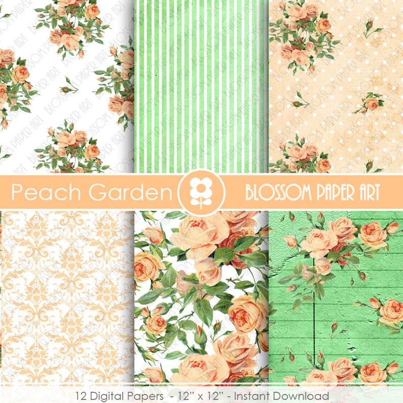 Puede incluir: Doce papeles digitales con rosas de color melocot&oacute;n sobre diferentes fondos, incluyendo blanco con un patr&oacute;n de damasco, rayas verdes y un fondo blanco con veta de madera verde. Los papeles miden 30,5 cm por 30,5 cm y est&aacute;n disponibles para descarga instant&aacute;nea. El texto "Peach Garden" y "Blossom Paper Art" est&aacute; incluido en la imagen.