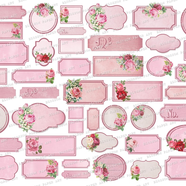 Pink Labels, Printable Labels, Vintage Rose Tags Junk Journal Ephemera, Printable Collage Sheet, Digital Collage Sheet Digital Download 2817