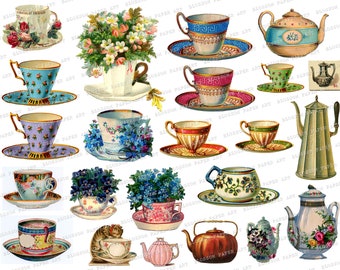 May include: A collection of vintage teacups, teapots, and other tea-related items. The items are decorated with floral patterns and are in various colors, including blue, green, red, and white.
