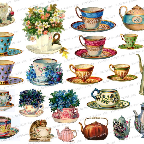 Tea Time Vintage Collage Sheet Printable Teapot, Teacups, Cups, Vintage graphics, Printable Journaling, Junk Journal Collage 2451
