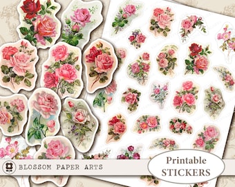 Adesivos para impressão de rosas vintage: folha de colagem floral (download digital)