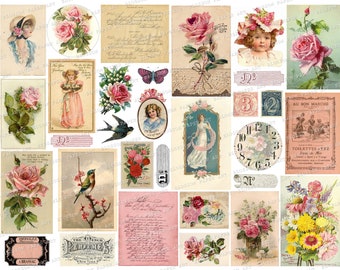 Vintage Ephemera Printable Collage Sheet FLORAL Vintage Roses, Postcards, Numbers, Digital Collage Sheet Digital Download 2666