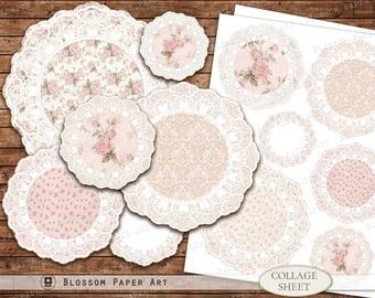 Printable Doily, Lace for Junk Journal Decoration, Rose Collage Sheet, Pink Ephemera, Decoupage Floral Images, Digital Download 2969
