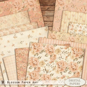 Floral digitaal papier, rozen scrapbook papier, ongewenste Journal Papers, Vintage Ephemera, perzik digitale download papier 2749 1
