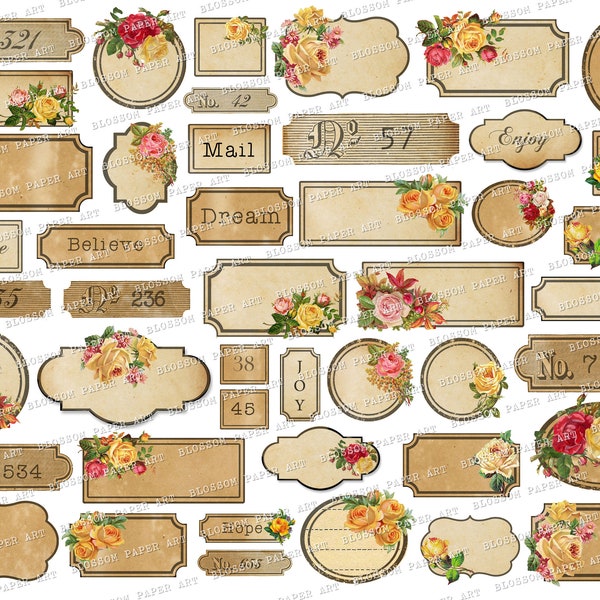 Vintage Labels, Junk Journal Tags, Numbers, Vintage Roses Ephemera Printable Collage Sheet Digital Download 2772