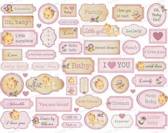 Vintage Baby Girl Ephemera: Junk Journal Stickers (Digital Download)