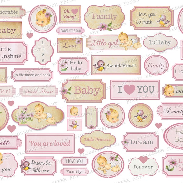 Vintage Baby Girl Junk Journal, Baby Digital Ephemera, Printable Baby Girl Stickers, Collage Sheet Digital 2879