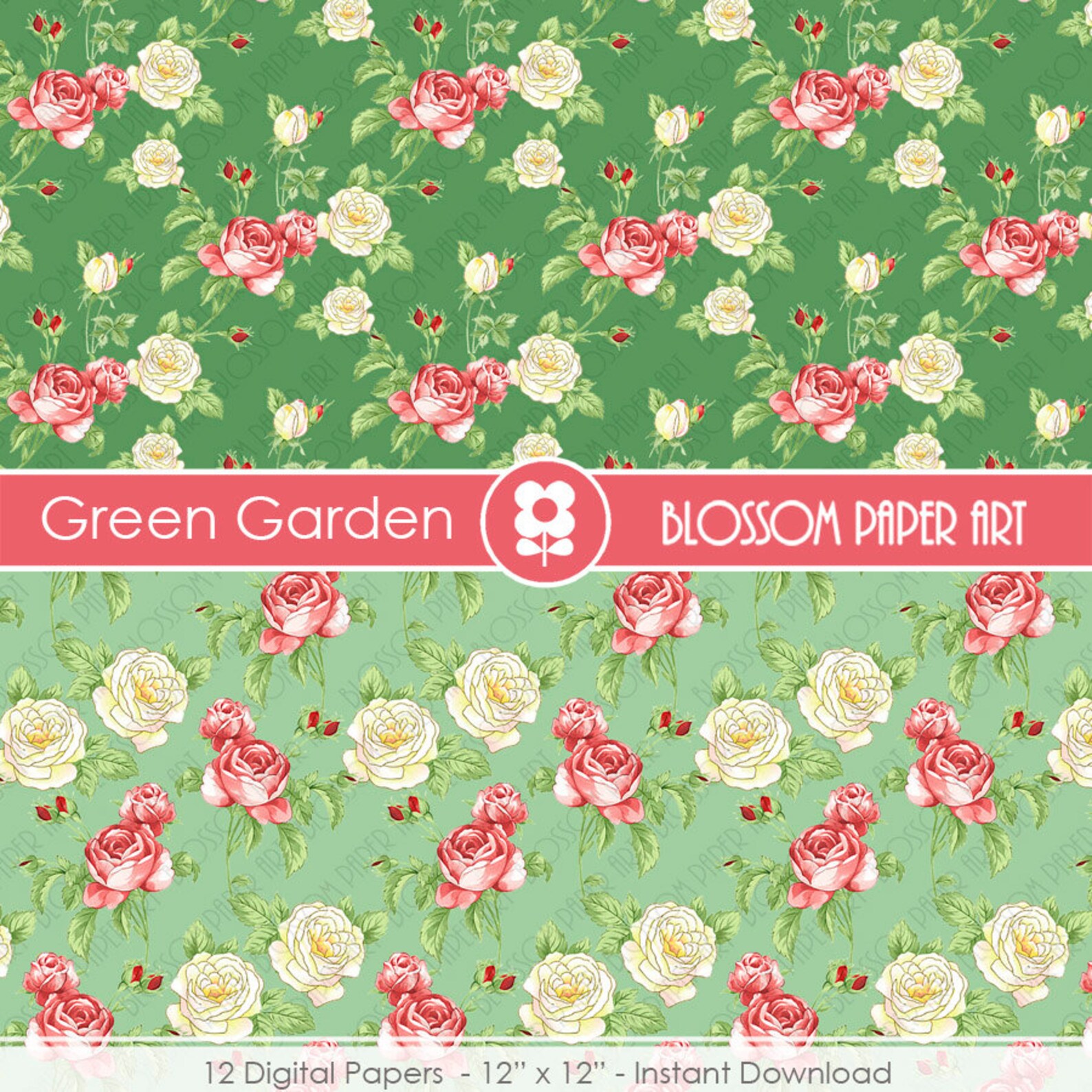 Green Scrapbook Paper Floral Digital Paper Roses Digital Paper Etsy