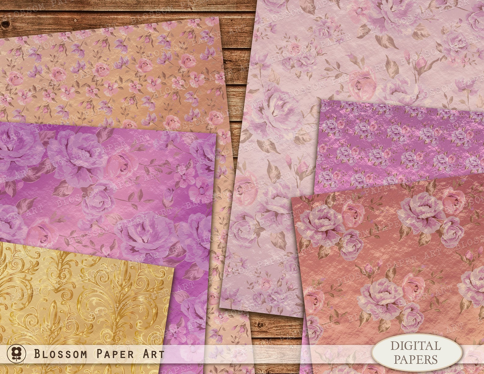 Gold Floral Digital Paper Pack, Scrapbook Paper (instant Download ...