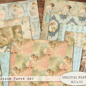 Papel digital mãe e bebê, papel vintage para álbum de recortes de mãe, folha de colagem do dia das mães, Junk Journal Family Ephemera Digital Download 2378