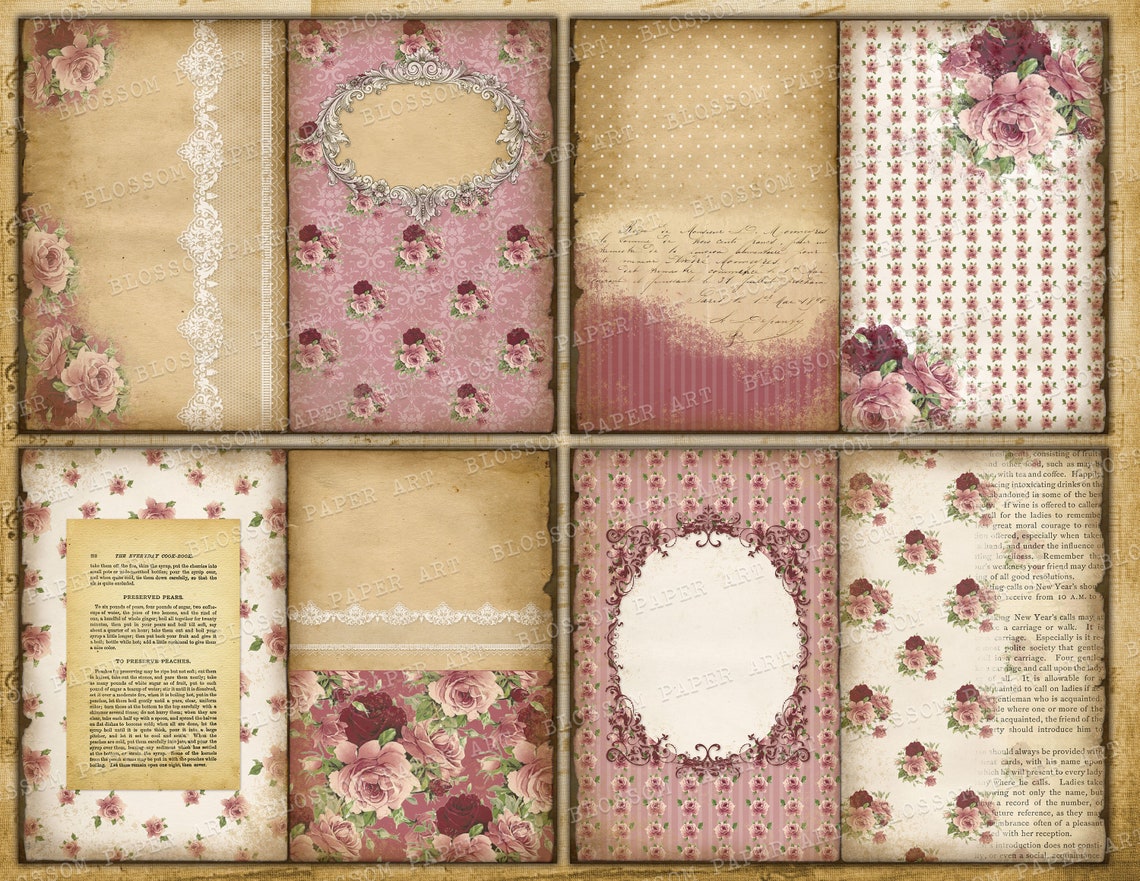 Vintage Junk Journal Pages Printable Sheets Roses Collage - Etsy