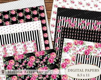 Pink Floral Digital Paper Pack: Black & White Scrapbook Collage (Digital Download)