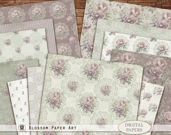 Groen bloemen digitaal papier, vintage plakboek, collage (digitale download) - 2968 2