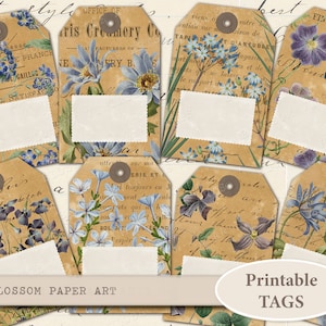Old Paper Tags, Floral Printable Tags VIntage Gift Tags Printable Collage Sheet Digital Download Collage Scrapbook, journaling tags 2238