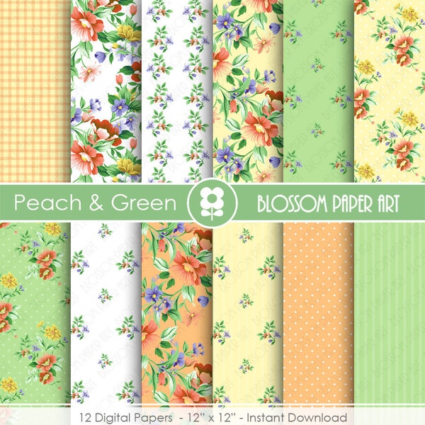 Floral Papers, Peach Green Floral Digital Paper, Peach Green Yellow Floral Scrapbooking Paper - INSTANT DOWNLOAD  - 1896