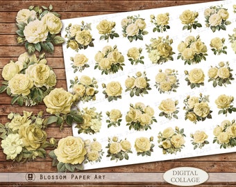 Feuille de collage de roses jaunes, roses de découpage, fleurs imprimables, fleur en téléchargement numérique pour le journal indésirable, scrapbooking, fleurs découpées 2977