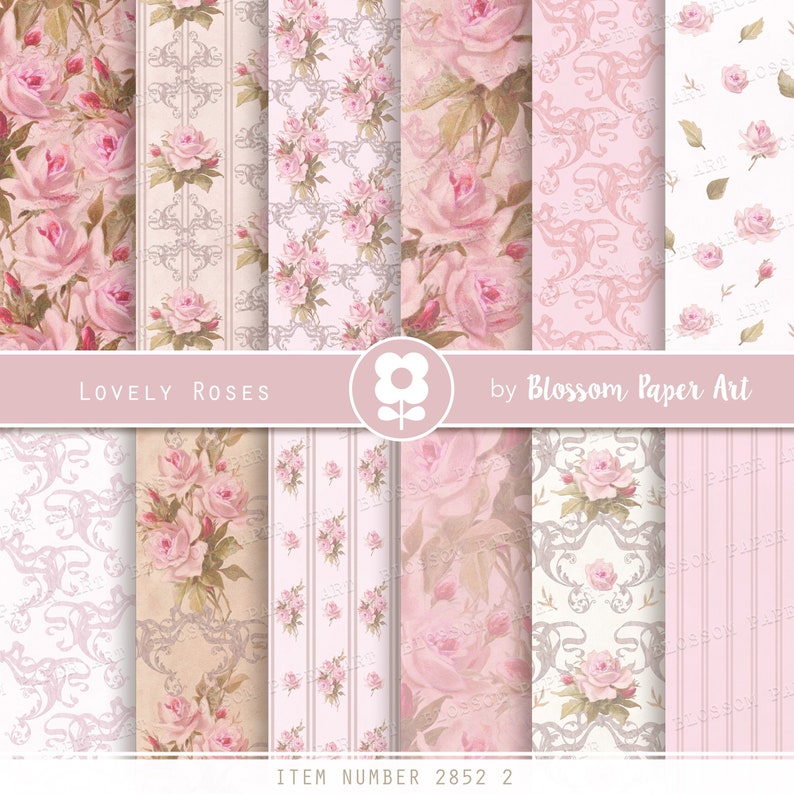 Pink Digital Paper Pack, Shabby Chic Roses Scrapbook Paper, Floral Collage Sheets, Pink Vintage Roses INSTANT DOWNLOAD 2852 2 image 1