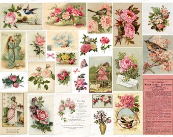 Vintage collageblad rozen: ephemera bloemen (digitale download)