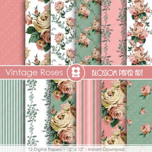 Pink Roses Digital Paper Pack: Vintage Scrapbooking (Digital Download)