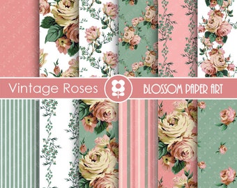 Pink Digital Paper Digital Paper Pack, Rose Scrapbooking, Pink Green Vintage Roses - INSTANT DOWNLOAD  - 1707