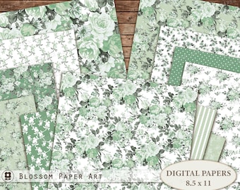 Green Floral Digital Paper Pack: Scrapbook Collage Sheets (Digital Download)