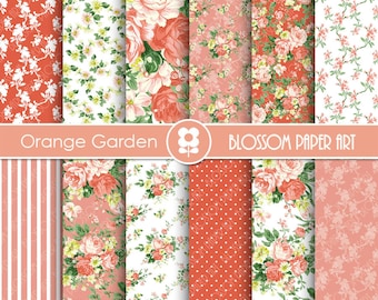 Floral Digital Paper Pack, Orange Floral Digital Papers, Digital Scrapbooking Pack - Roses - 1927